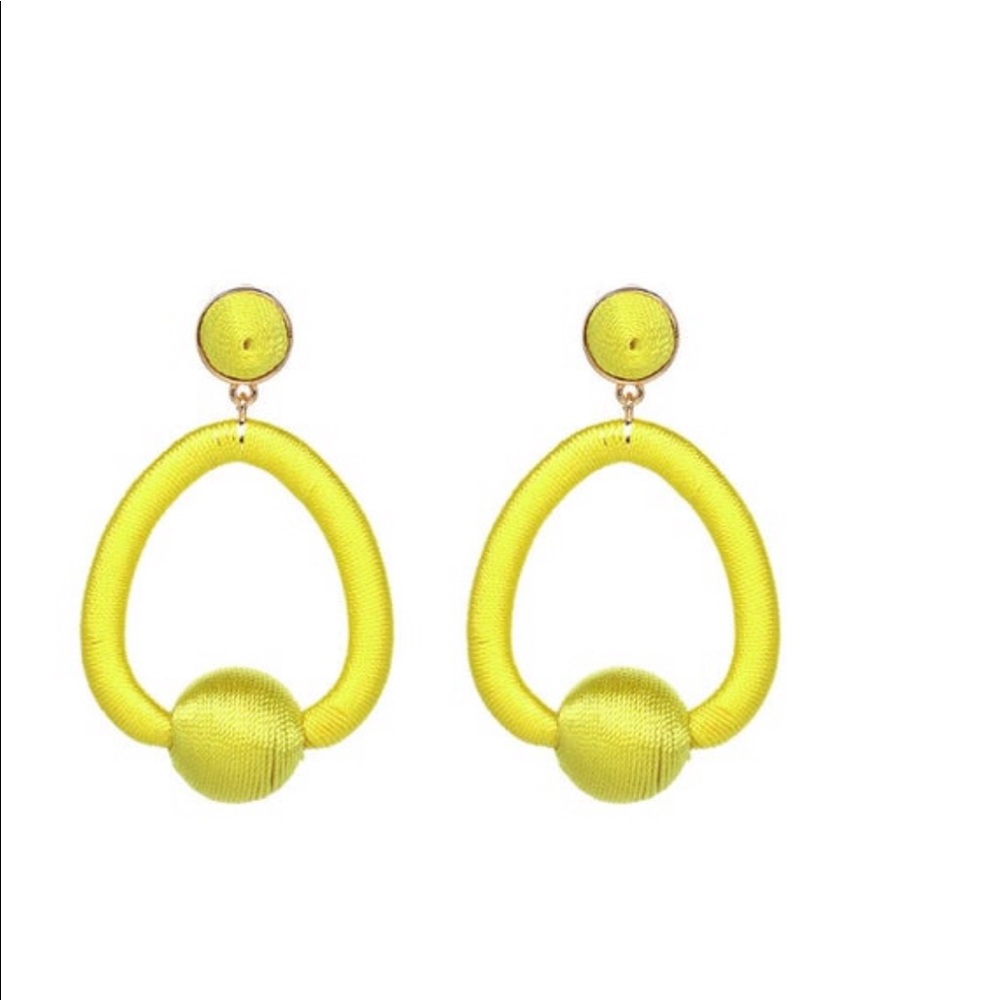 Yellow Statement Earrings, Threaded Ball Hoops